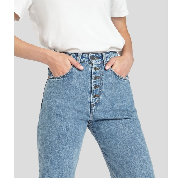 DECADE STUDIO Bonnie Jeans Rio Blue Tapered Straight Leg Mom Exposed Button 30 - Picture 5 of 13